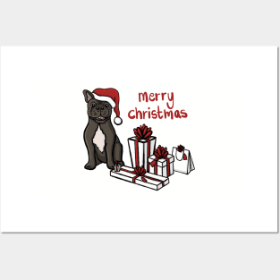 Merry Christmas French Bulldog Santa Hat And Gifts Digital Illustration Posters and Art